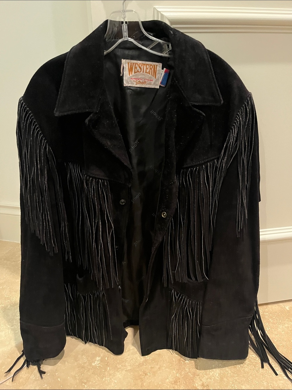 Schott Black Suede jacket made in USA. Schott is famous for Motorcycle wear.